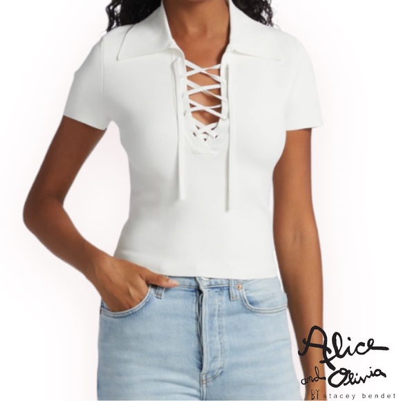 COPY - Alice + Olivia *NWT* Janine Lace Up Polo Top in Soft White - Picture 2 of 8